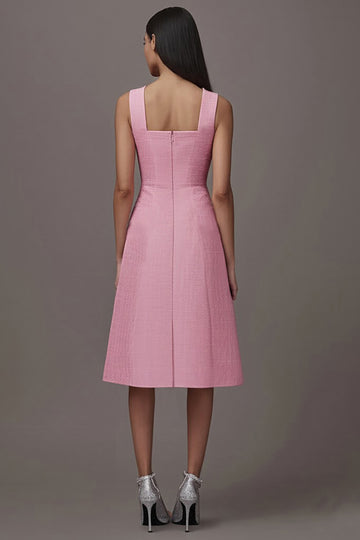 A Line Pink Square Neck Midi Dress